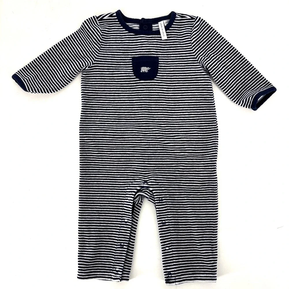 Janie‎ & Jack Velvet Striped One Piece Romper Size 3/6 Months Boys Bear Pocket